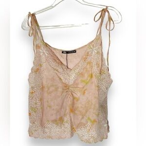 Zara Crop Top Embroidered Cotton Peach Pink Boho‎ Floral Tie Dye Size Medium NWT